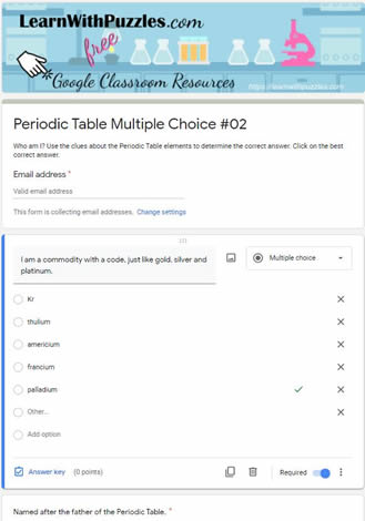 Periodic Table Multiple Choice and Google Quiz #02
