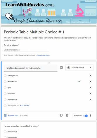Periodic Table Multiple Choice and Google Quiz #11
