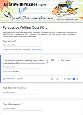 Persuasive Writing Crossword and Google Quiz #01a