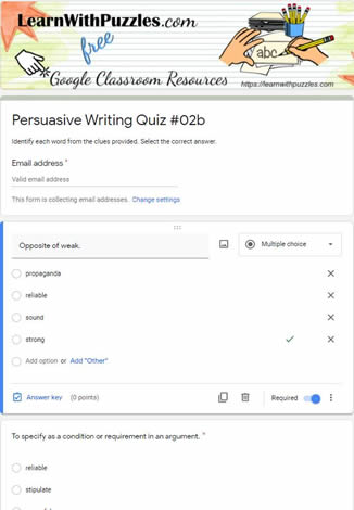 Persuasive Writing Crossword and Google Quiz #02b Learn With Puzzles