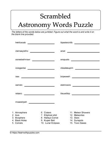 Scrambled Astronomy Words Puzzle