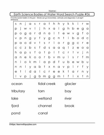 Bodies of Water - Wordsearch Puzzle