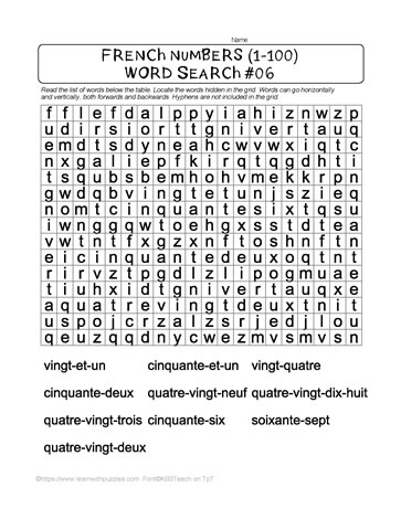 French Numbers Word Search #06