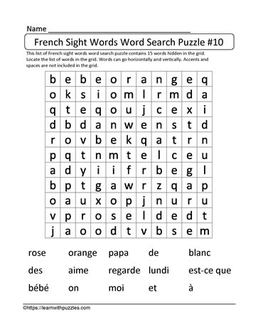 French Vocabulary Word Search #10