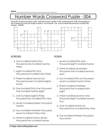 Number Crossword Puzzle - 004 Learn With Puzzles