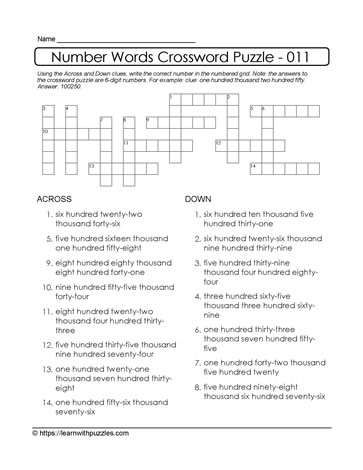 Crossword Puzzle Using 6-Digits Learn With Puzzles