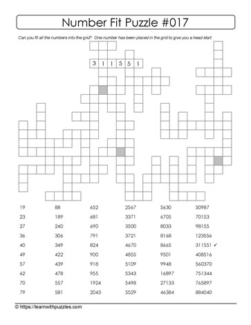 Number Fit Crossword Like Puzzle-017 Learn With Puzzles