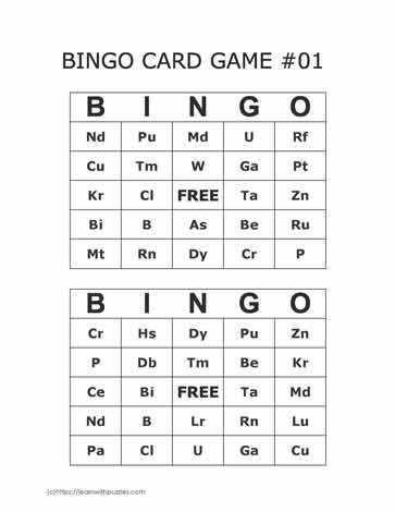 Periodic Table Bingo Cards 3-4