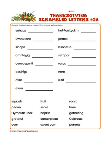 Thanksgiving Scrambled Letters #06
