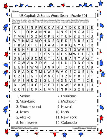 US Capitals and States Word Search #1