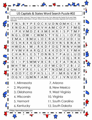 US Capitals and States Word Search #2