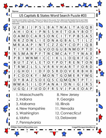 US Capitals and States Word Search #3
