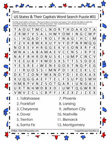 US States Capitals Word Search #1