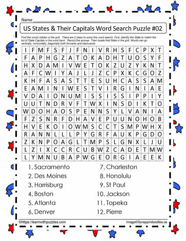 US States Capitals Word Search #2